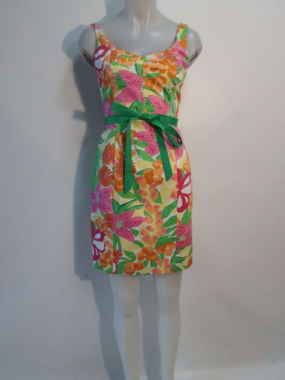 Womens Lilly Pulitzer White, Pink, Green, Orange, Yellow Floral Belted Dress 2